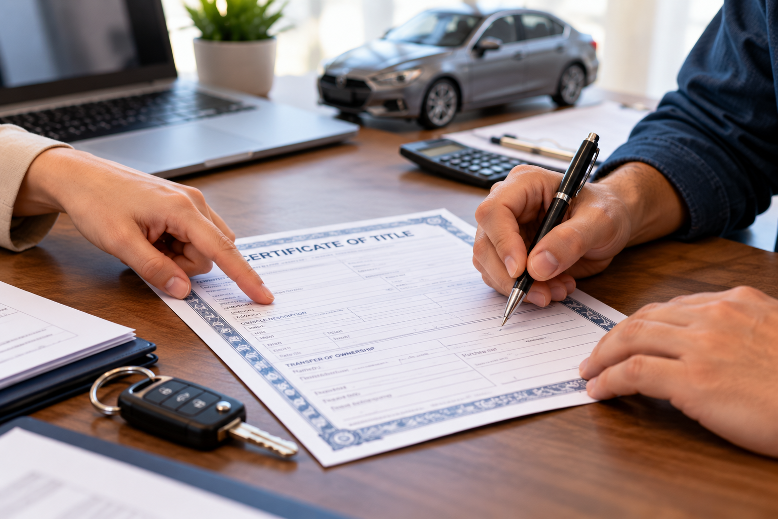 Car title ownership paperwork being signed at a desk