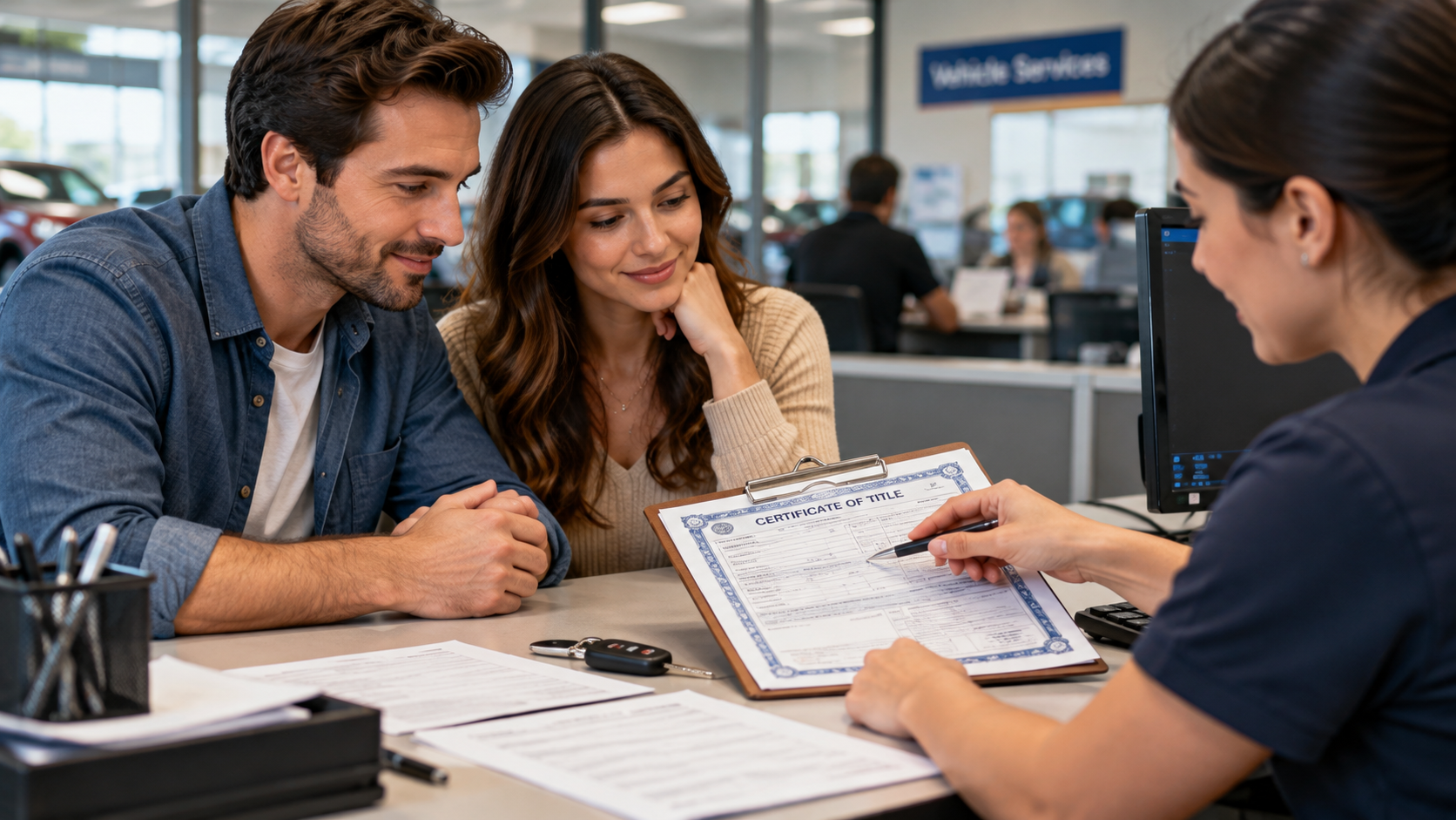 Vehicle owners reviewing a certificate of title with a registration clerk