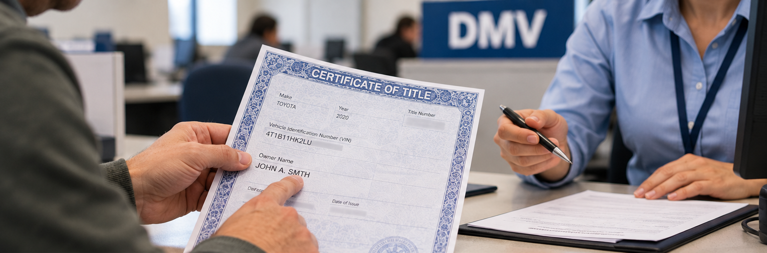 Reviewing a vehicle title with a DMV clerk before requesting a correction