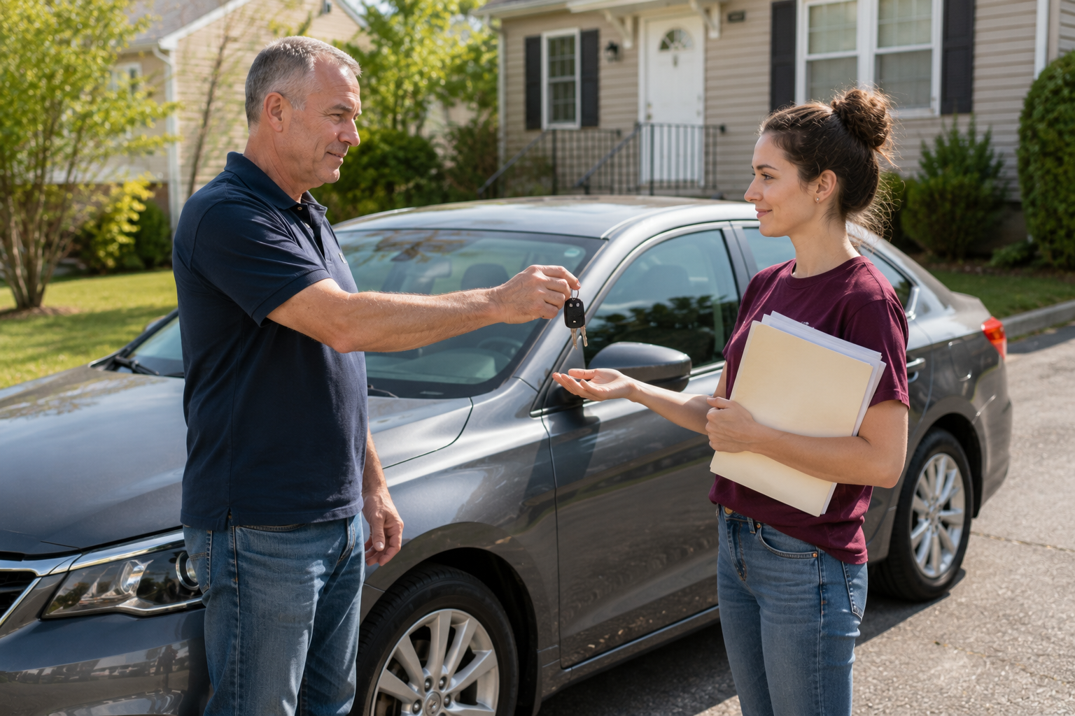 Family members transferring car keys and paperwork beside a vehicle