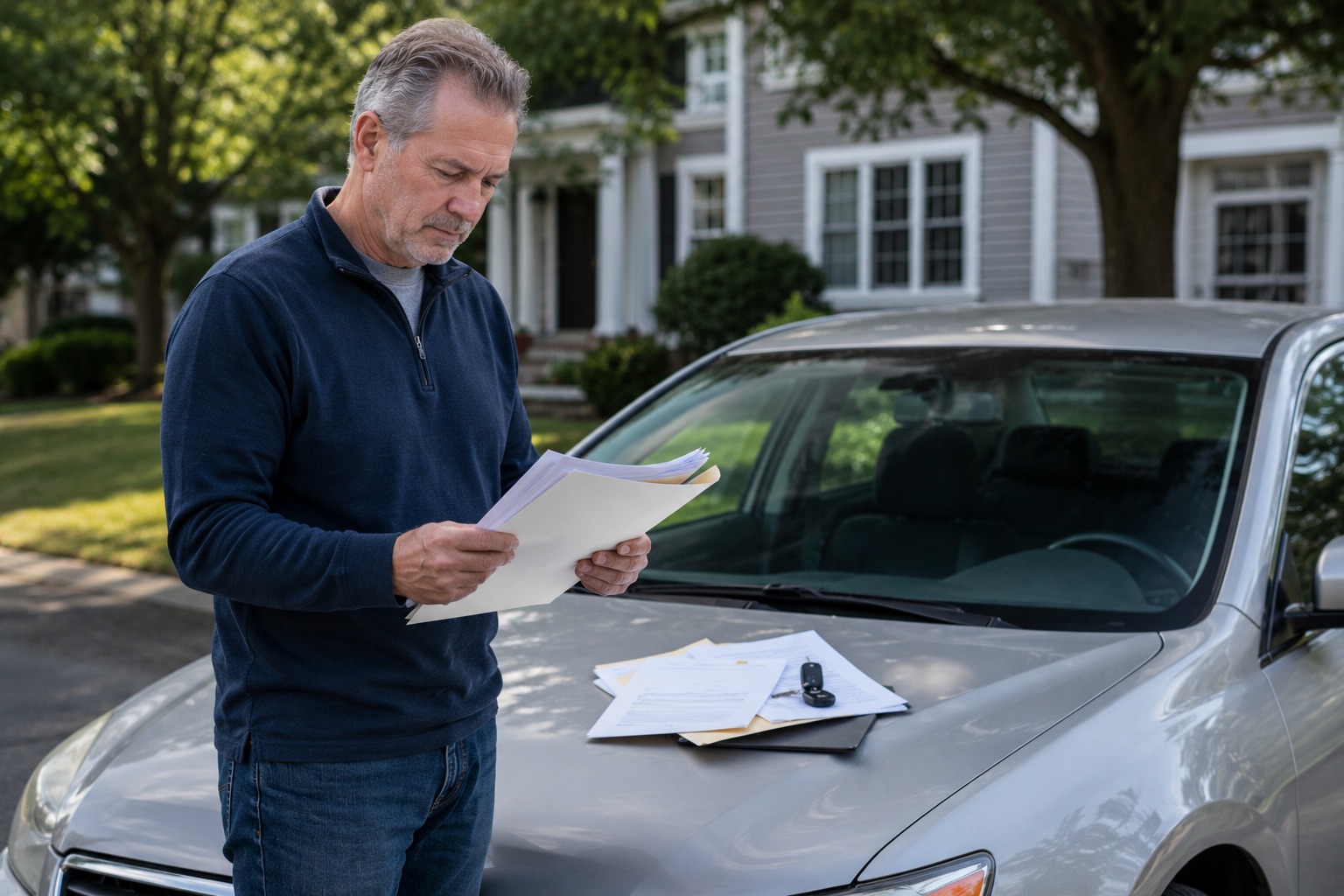 Person reviewing inheritance and vehicle title documents beside a car