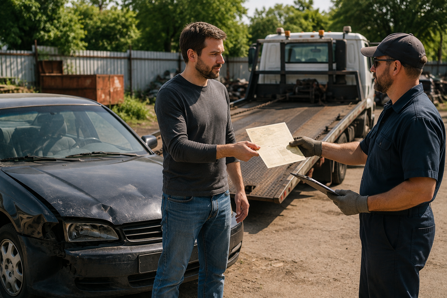 Owner handing vehicle title paperwork to a tow operator next to a damaged car being loaded for scrap