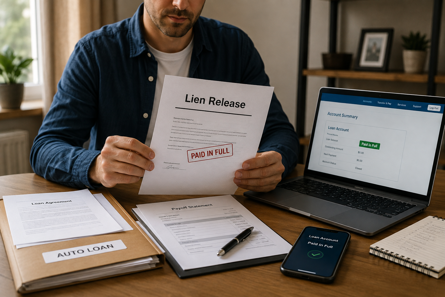 Person reviewing a lien release document marked paid in full next to a laptop showing a closed loan account