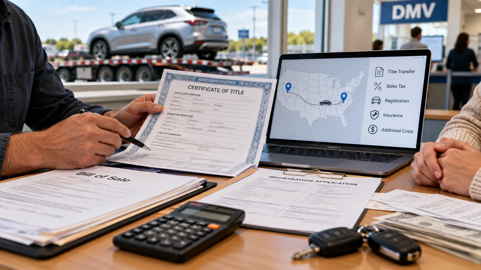 Vehicle title, bill of sale and registration paperwork reviewed before interstate purchase