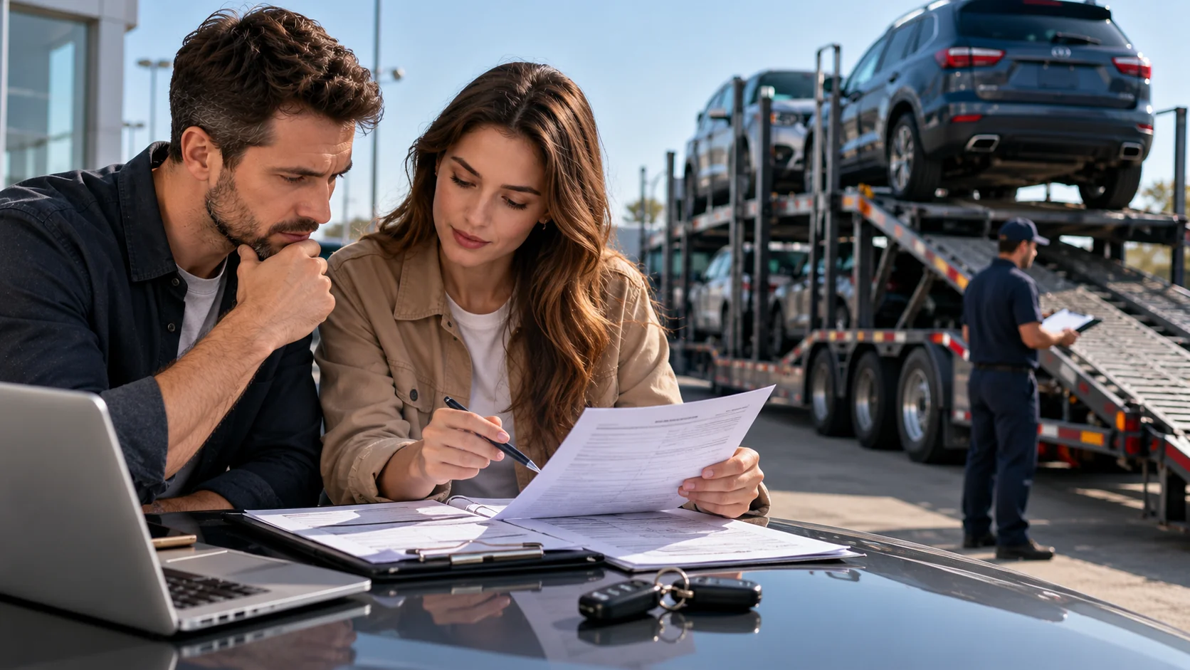 Buyers review used-car title paperwork beside an interstate auto transport carrier