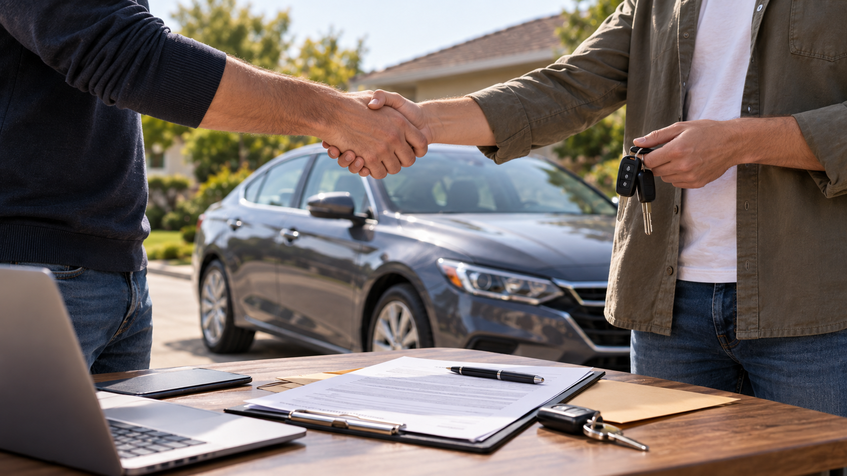 Buyer and seller completing a private car sale with paperwork and keys