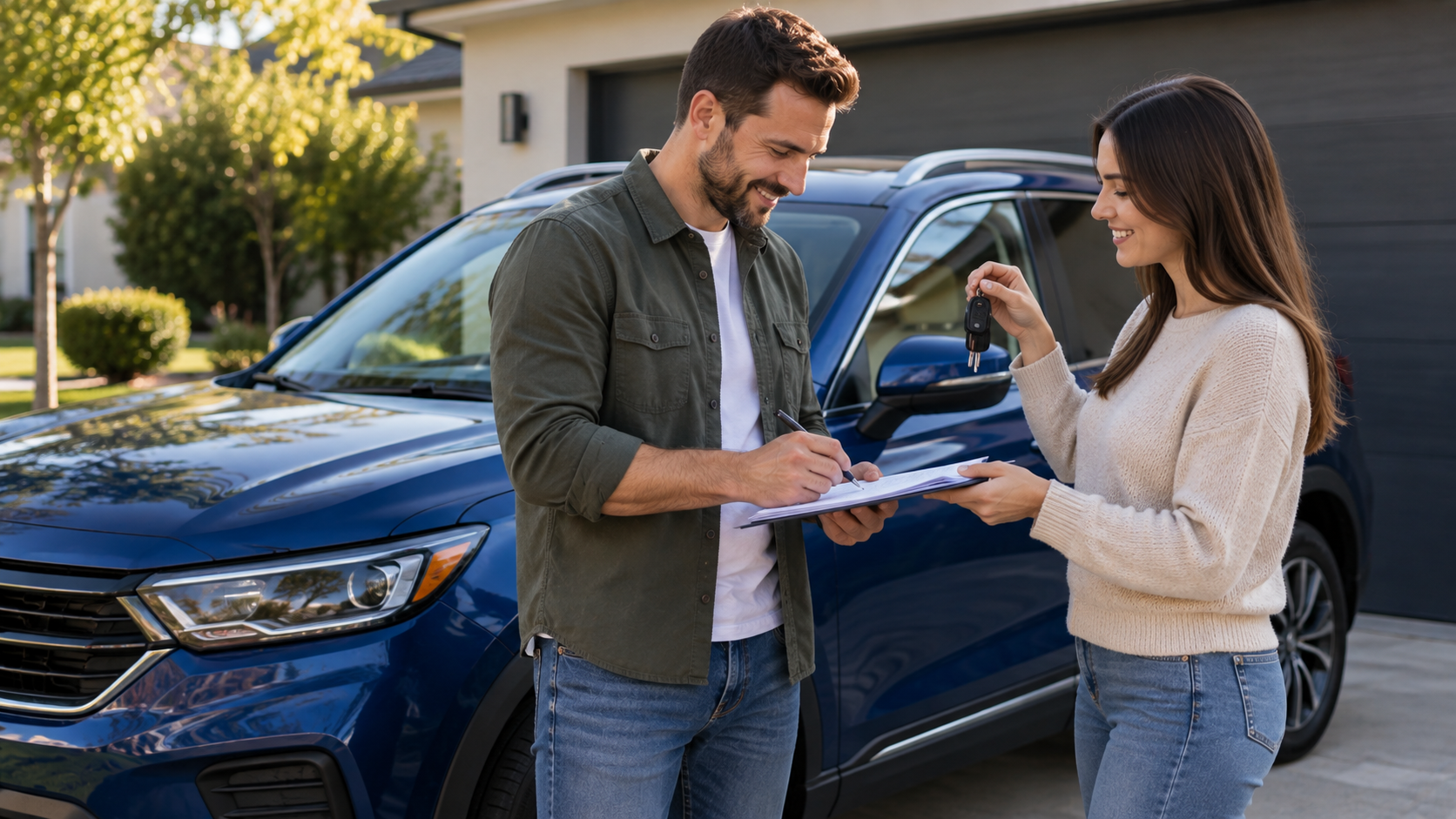 Private seller completing paperwork with a buyer beside a blue SUV