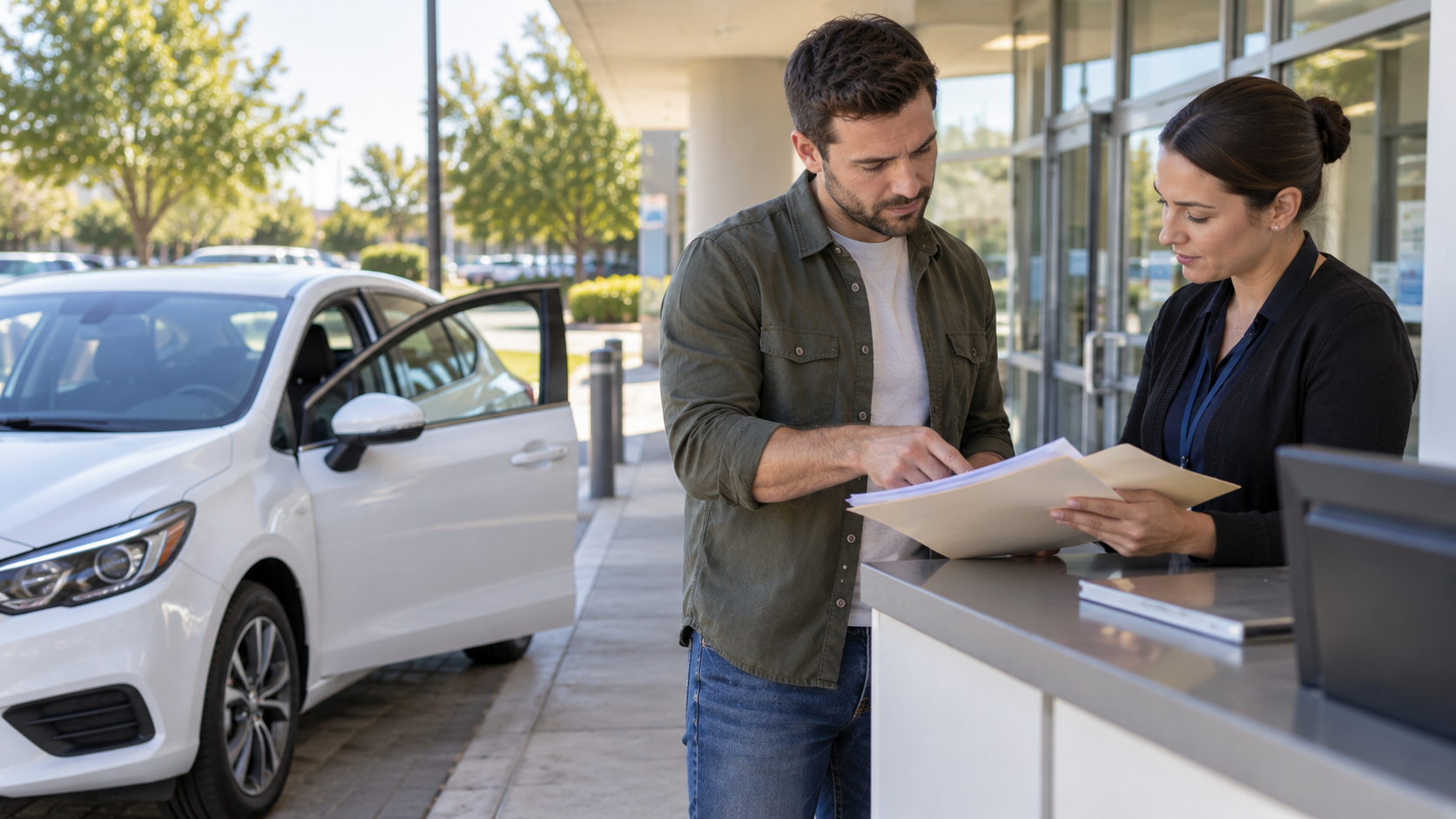 Vehicle owner reviewing title documents with an office representative