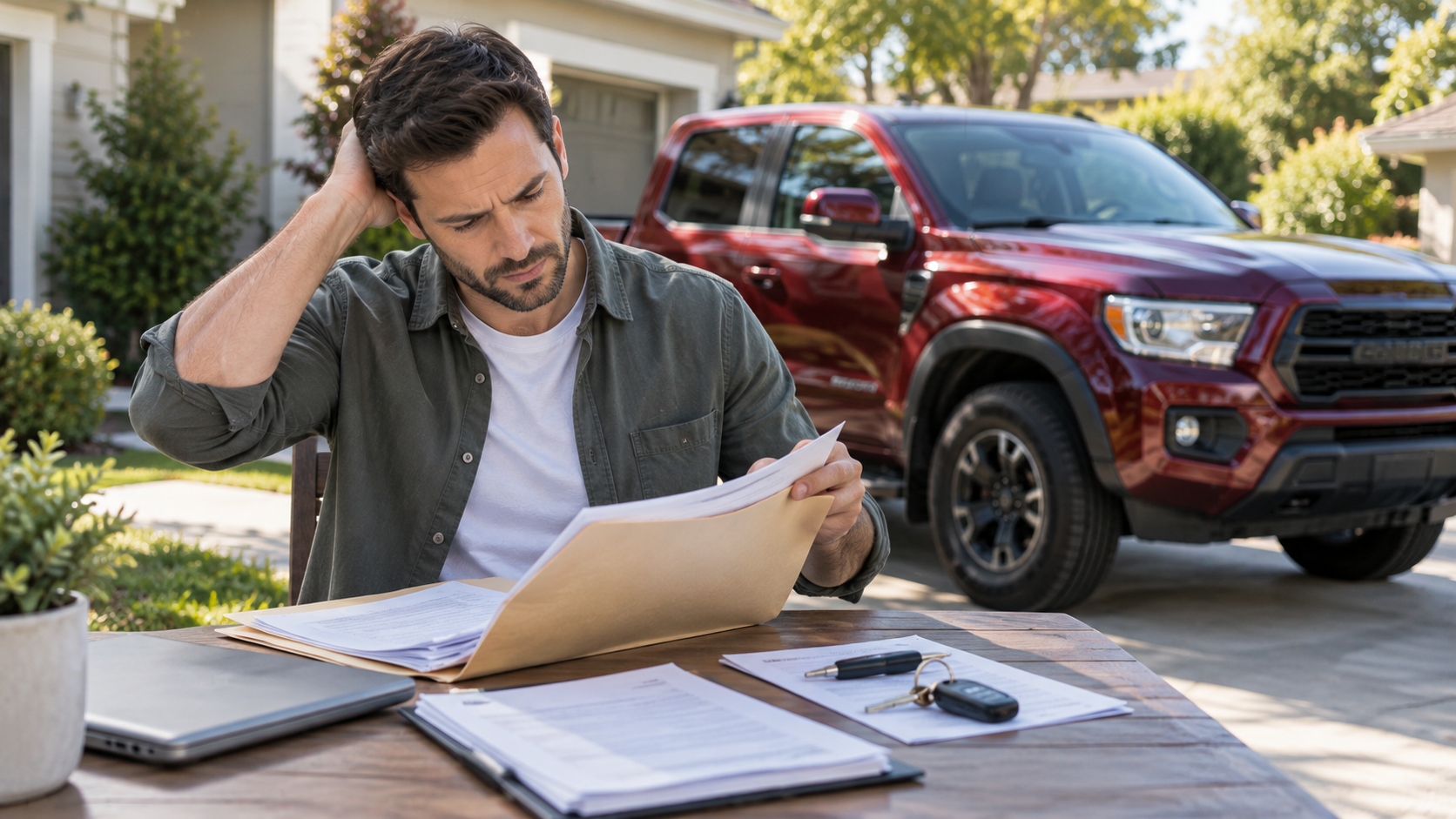 Vehicle owner reviewing paperwork beside a red pickup truck